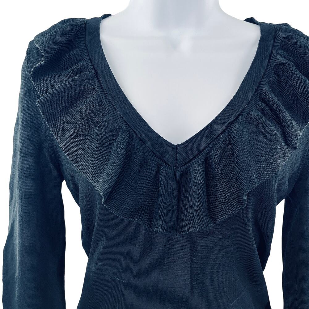 H&M Black Knit Ruffled V-Neck Long Sleeve Slim Fit Knit Pullover Sweater Top S